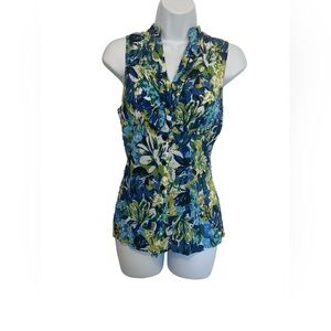 MUAA USA Women’s Vibrant Floral V-Neck Blouse - Blue and Green. Size Large.